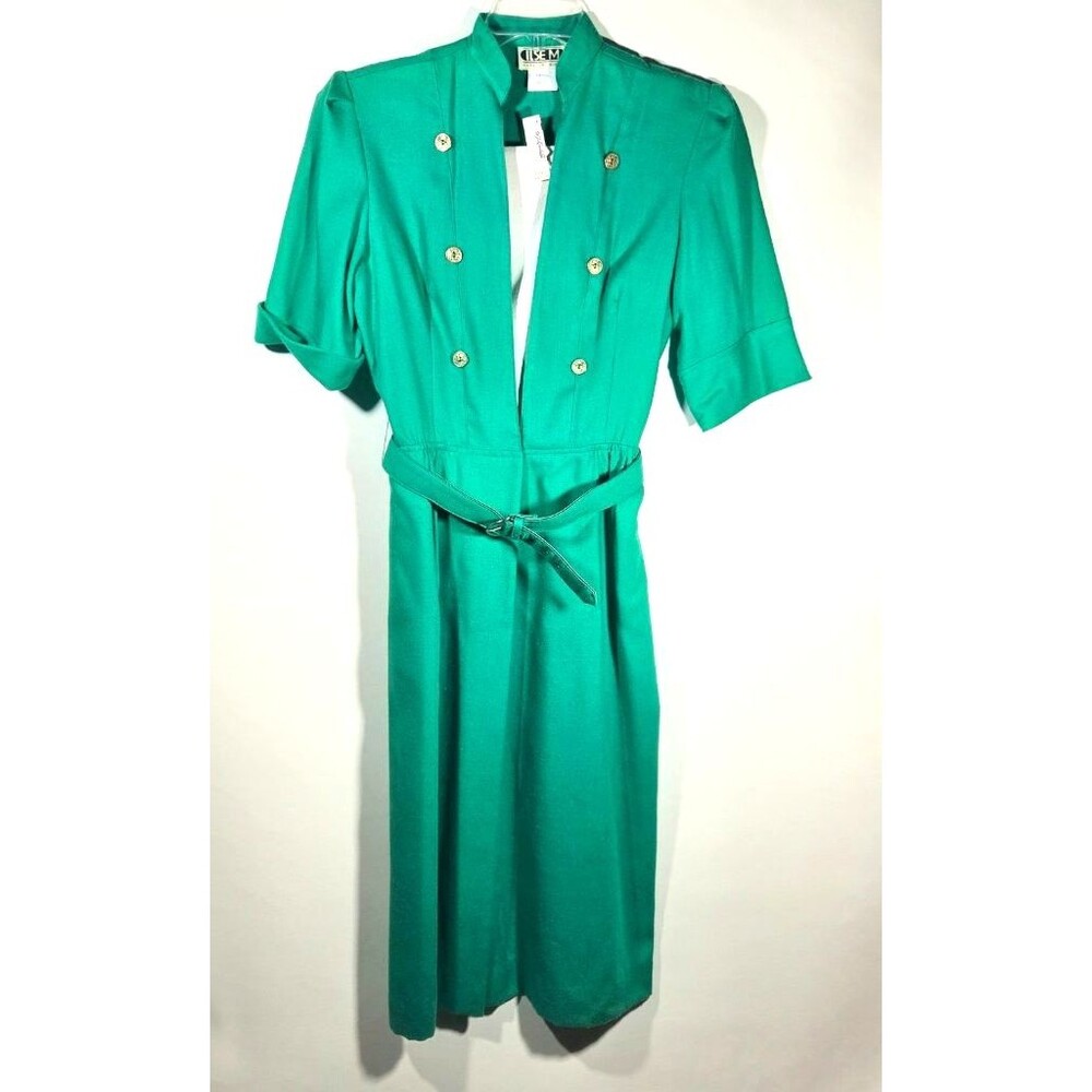 Vintage ILSE M Green Dress Belted Gold Button Mandarin Collar USA Size 12